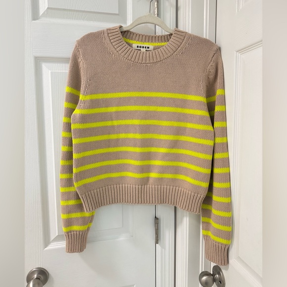 Boden Lucy chunky cotton sweater size medium camel brown neon yellow stripes - Picture 3 of 7